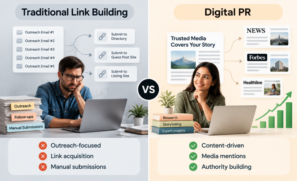 Difference between digital PR and traditional SEO link building strategies
